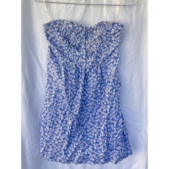 Y2K Forever 21 Blue Strapless Mini Dress Ruched Bust Floral Ditsy Small Cottage - Picture 1 of 6